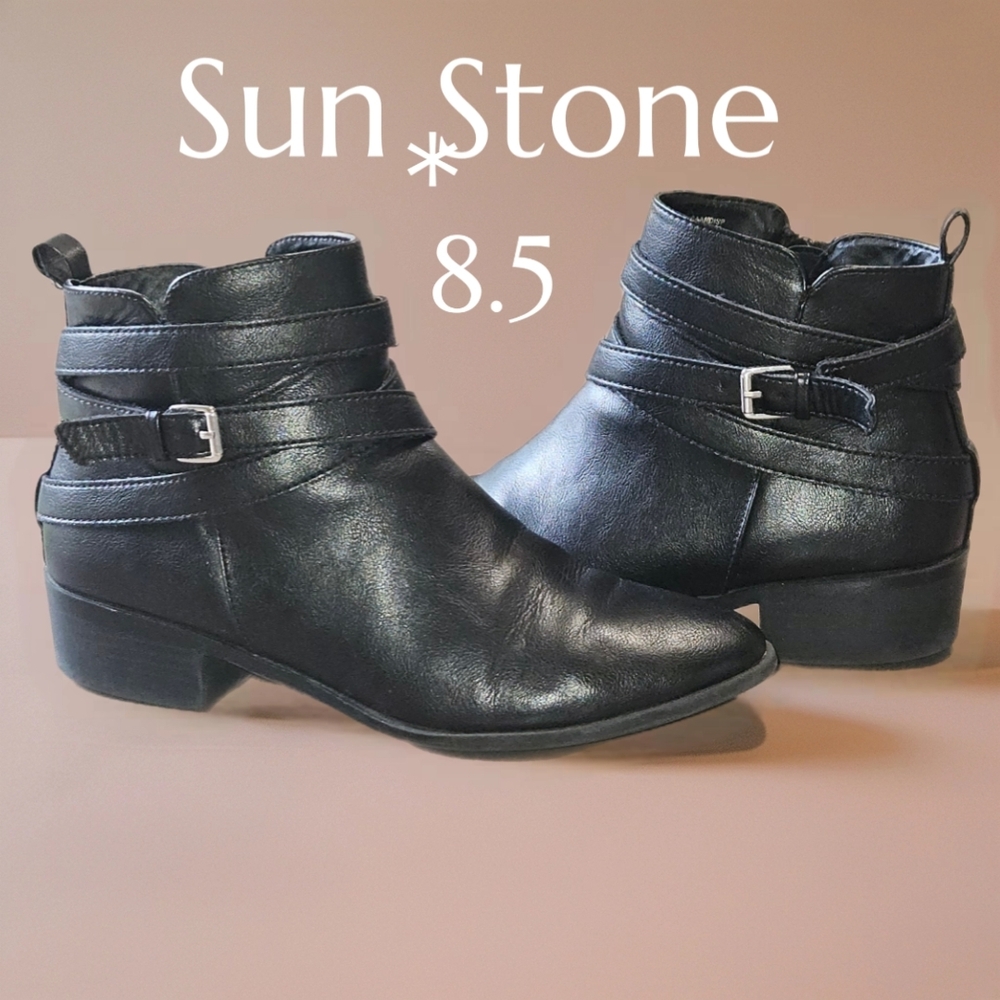 Sun + Stone Sleek Moto Style Black Ankle Booties Size 8.5